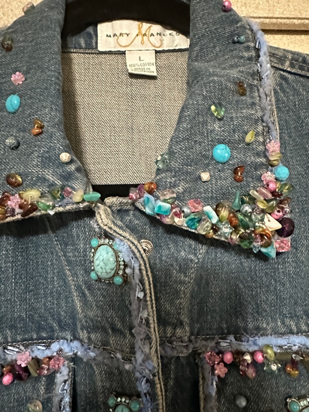 Mary Frances Blue Denim Jacket with Turquoise and Multicolor Embellishments - Picture 4 of 13